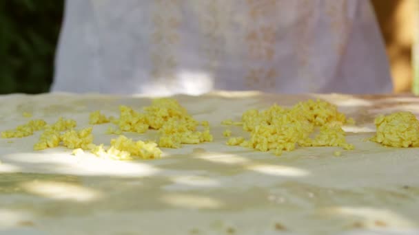 Dona Casa Fazendo Torta Queijo Tradicional Com Creme Azedo — Vídeo de Stock