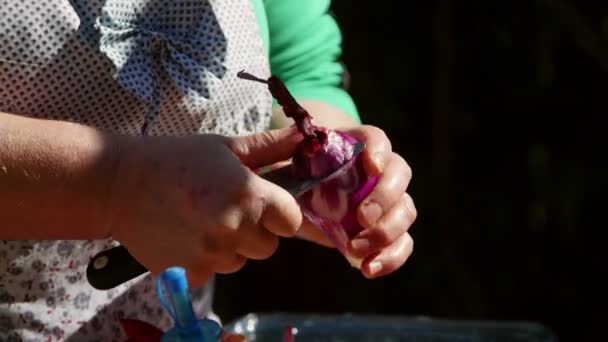 家庭主妇做饭前剥去洋葱皮 — 图库视频影像