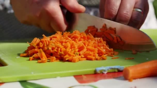 Домохозяйка Режет Морковь Перед Готовкой — стоковое видео