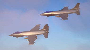 Bulutlarda uçan savaş jetleri, 3 boyutlu illüstrasyon