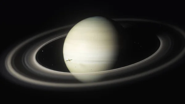 3D土星のイラストと惑星とその環系を周回する宇宙船 ストックフォト