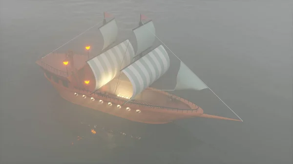 Иллюстрация Старого Деревянного Военного Корабля Туманной Реке — стоковое фото