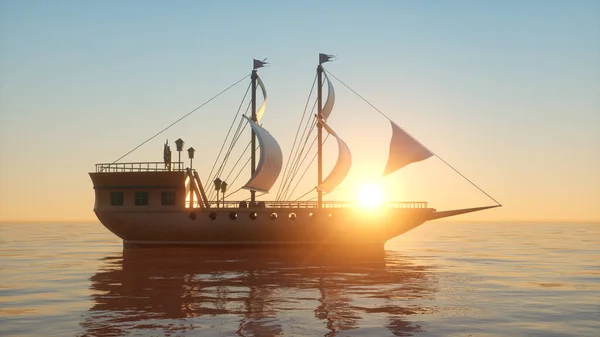 Illustratie Van Een Oud Houten Oorlogsschip Oceaan Bij Zonsondergang — Stockfoto