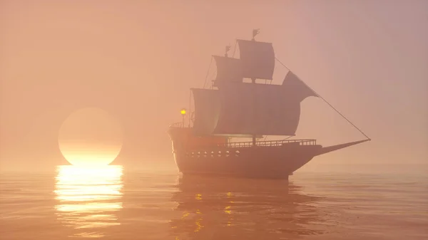 Illustration Old Wooden Warship Foggy Sea Sunset — Stock Photo, Image