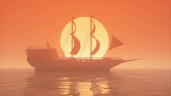 Illustration Old Wooden Warship Foggy Sea Sunset — Stock Photo, Image