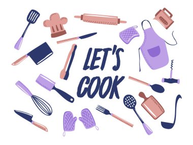 Farklı mutfak nesneleri ve beyaz arka plan üzerinde izole mutfak eşyaları