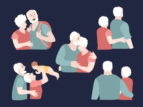 Conjunto Feliz Familia Senior Con Marido Esposa Nieto Sobre Fondo — Vector de stock