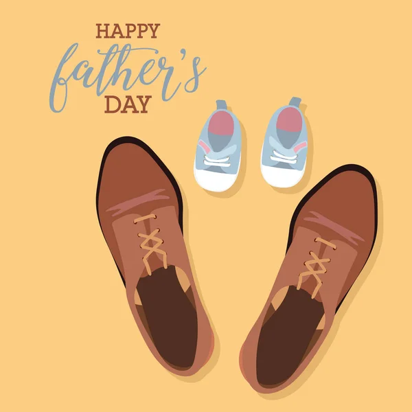 快乐父亲节日贺卡儿子和父亲鞋子在黄色背景 — 图库矢量图片