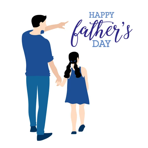 快乐的父亲日简单的贺卡与后方 Wiew 父亲牵手与女儿用手指指着前方 — 图库矢量图片
