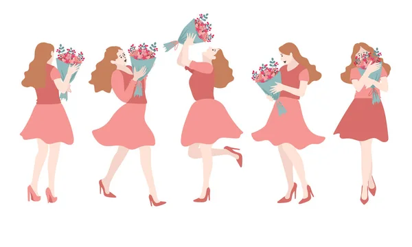 Set Von Glücklichen Frauen Mit Blumensträußen Isoliert Auf Weißem Hintergrund — Stockvektor