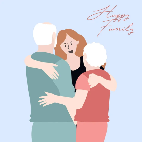 Happy family lettering with senior couple and daughter on blue background