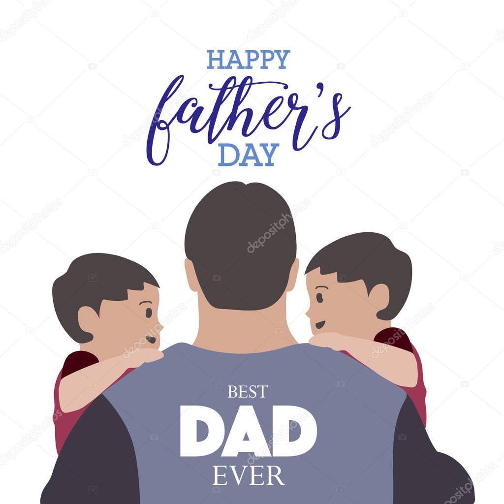 Fathers day greeting card with father holding sons in hands