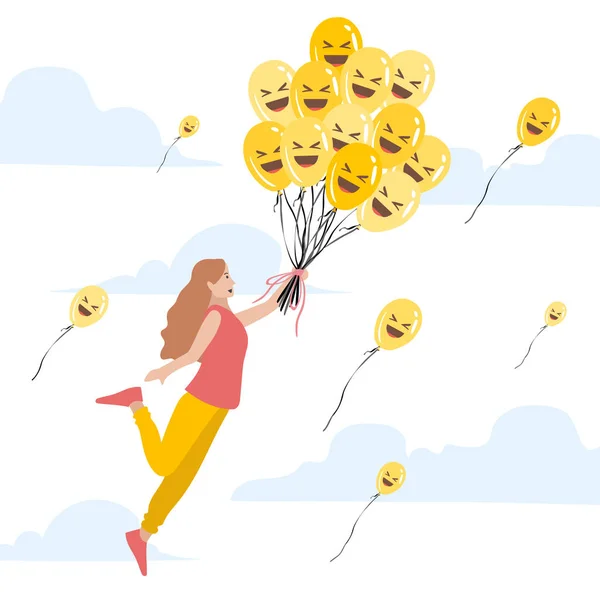 Cartoon Platt Stil Flicka Flyger Ballonger Uttryckssymboler För Facebook — Stock vektor