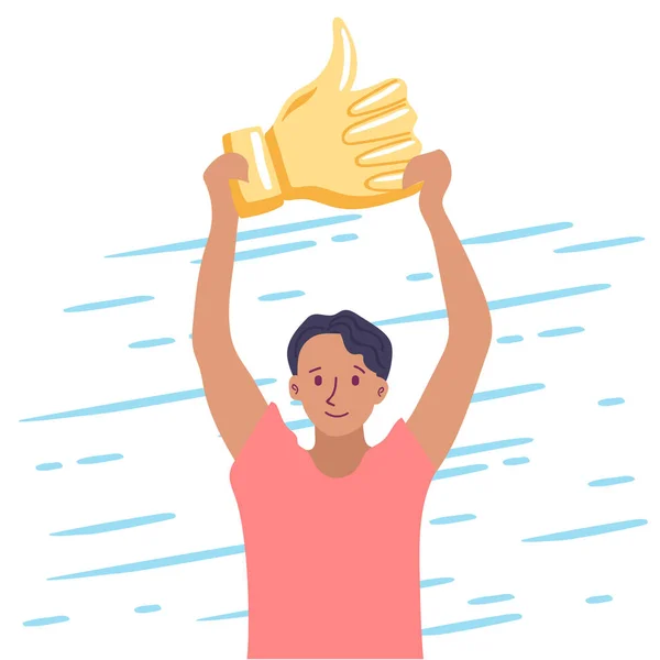 Happy Man Prize Thumb Sign Man Holds Prize Head Likes — Stock Vector