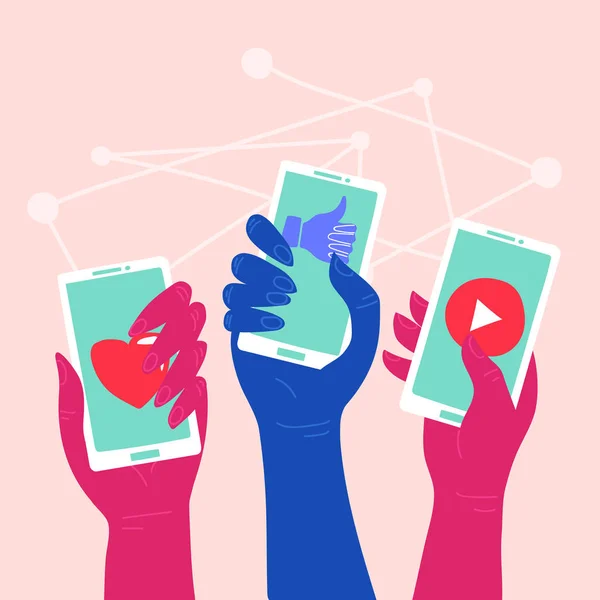Online Communicatie Verbinding Concept Handen Met Smartphones Met Social Network — Stockvector