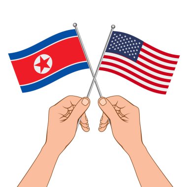 ABD ve Kuzey Kore ticari ilişkiler, işbirliği stratejisi. Bize Amerika ve Çin bayrakları illüstrasyon vektör.
