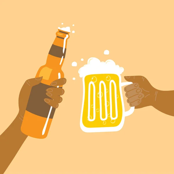 Dos Manos Con Botella Cerveza Fría Vidrio — Vector de stock