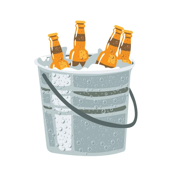 Juego Botellas Cerveza Cubo Frío Sobre Fondo Blanco — Vector de stock