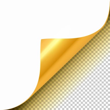 Altın kıvrılmış köşede yansıması ve gölge ile şeffaf arka plan gerçekçi vektör çizim.