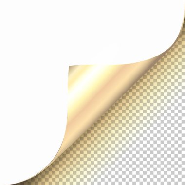 Altın kıvrılmış köşede yansıması ve gölge ile şeffaf arka plan gerçekçi vektör çizim.