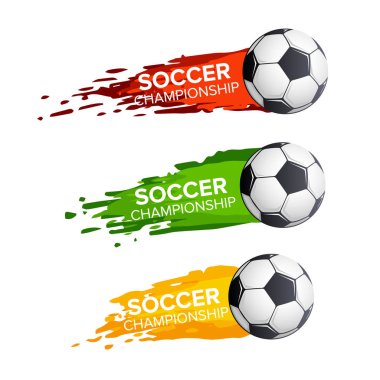 Futbol Şampiyonası ya da futbol spor oyun Turnuvası vektör simgeler kümesi uçan top. Futbol topu hedefe arena Stadyumu Futbol Kupası ya da kolej Ligi takımı ve fan club için üzerinde uçan vektör simgesi