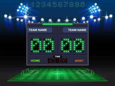Stadium electronic sports scoreboard with soccer time and football match result display vector illustration. clipart