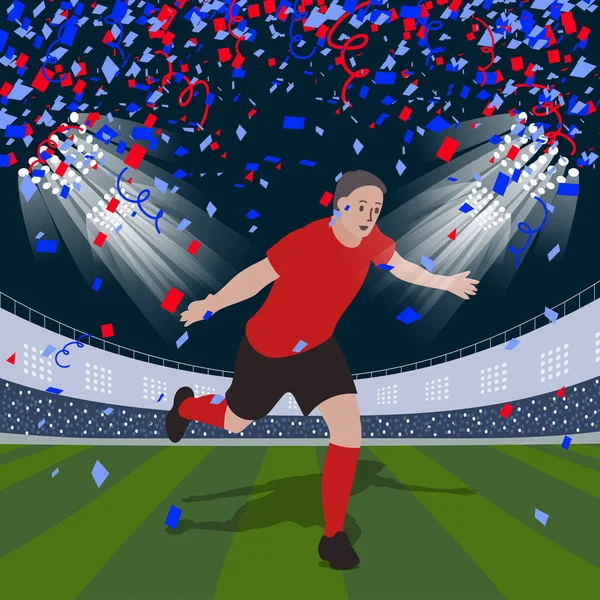 前锋足球足球运动员在红色队概念比赛中庆祝目标在体育场 — 图库矢量图片