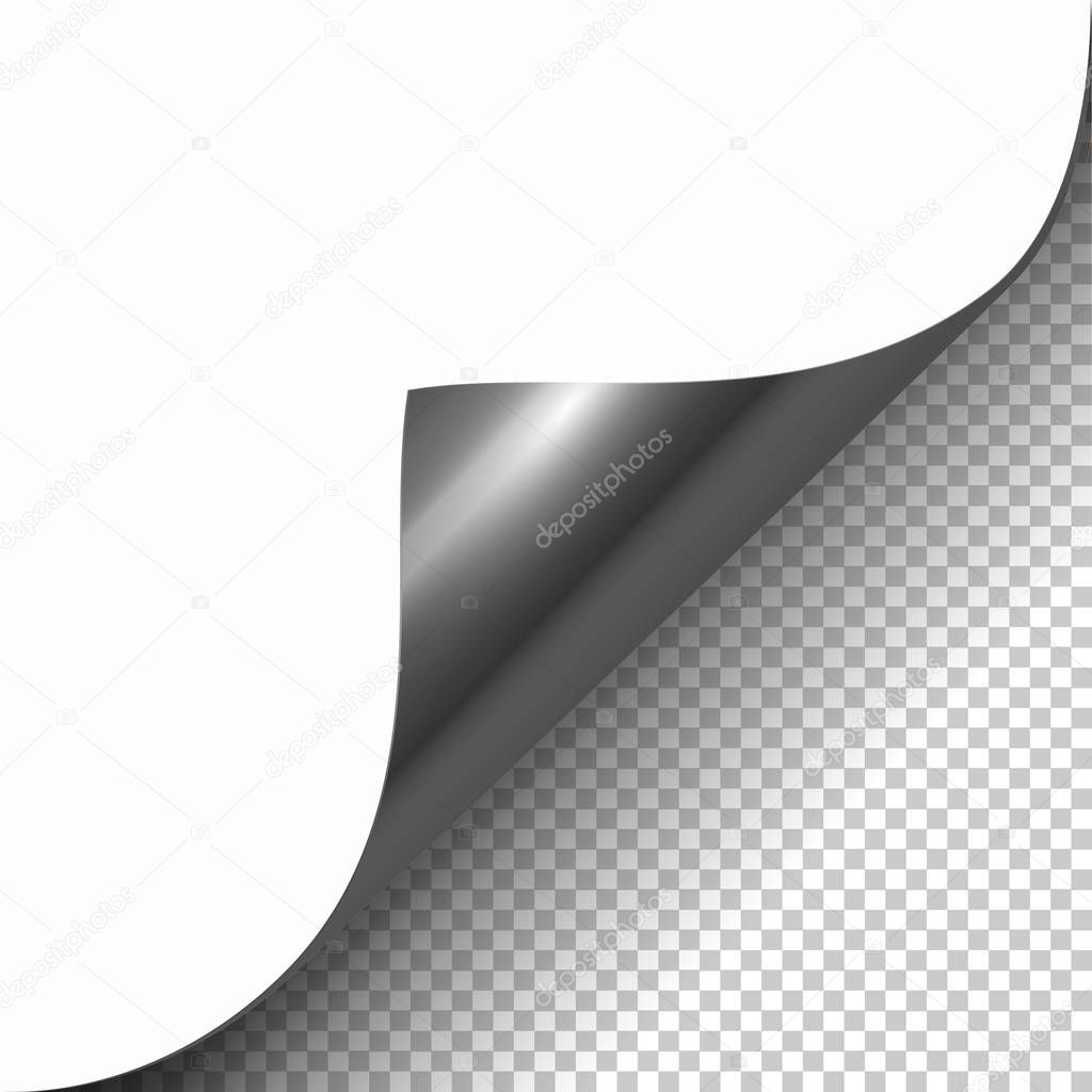 Silver curled corner with reflection and shadow on transparent background realistic vector illustration.