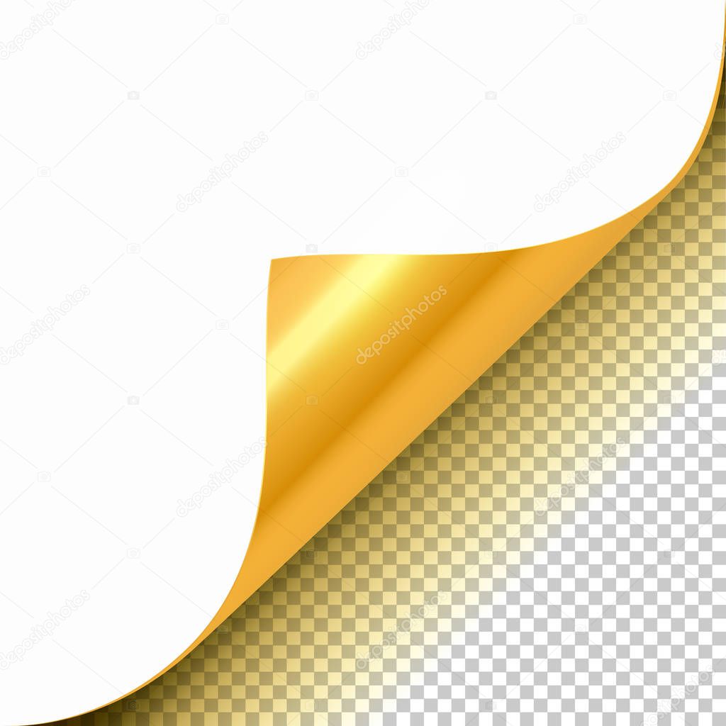 Gold curled corner with reflection and shadow on transparent background realistic vector illustration.