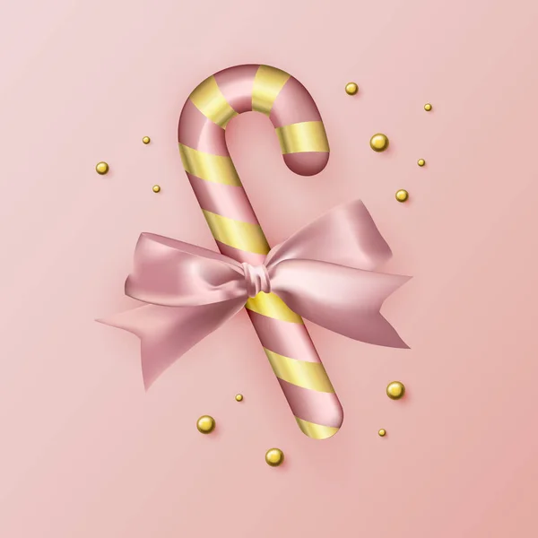Bâton Bonbons Noël Avec Arc Sur Fond Rose — Image vectorielle