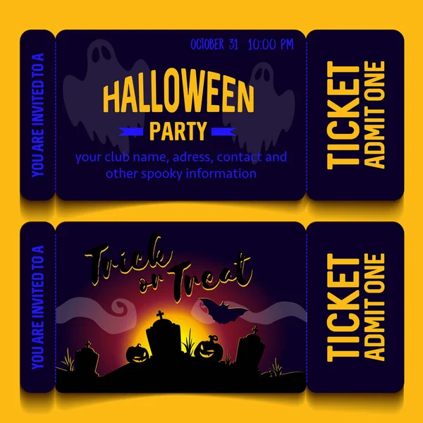 Diseños Entradas Fiesta Halloween Sobre Fondo Amarillo — Vector de stock