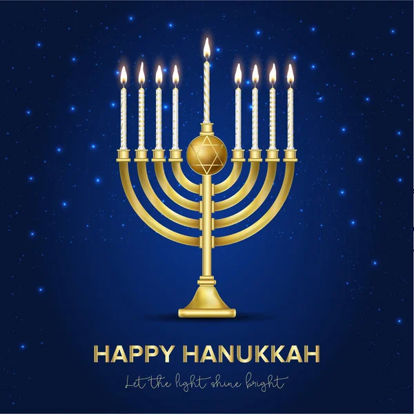 festive poster with lit up candles and happy hanukkah lettering