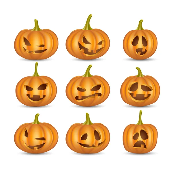 Vector Conjunto Calabazas Halloween Con Caras Miedo — Vector de stock