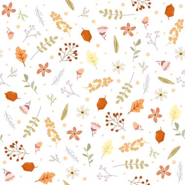 Dikişsiz sonbahar desen beyaz arka plan üzerinde vektör çizim çiçek tasarım öğeleri ve yaprakları,.
