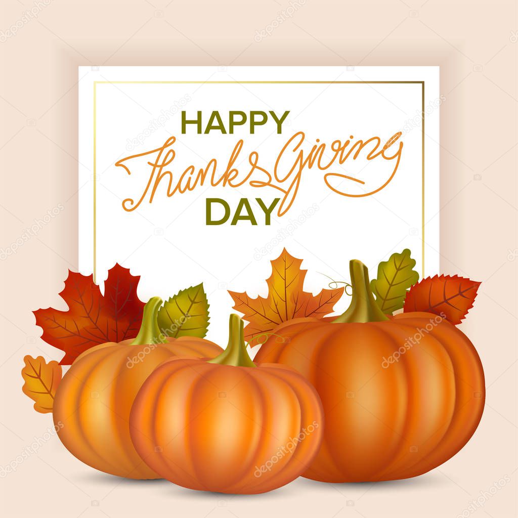 Happy thanksgiving day banner with orange pumpkins, vector illustration