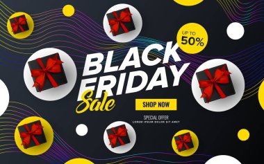 Siyah Cuma satış Web Banner tasarım şablonu. Reklam afişi. Vektör çizim.