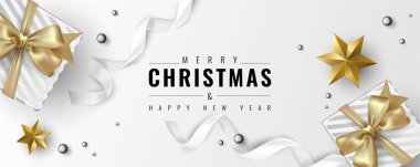Hediye kutuları ve konfeti, vektör çizim ile yılbaşı banner