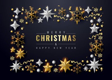 Noel afiş altın kar tanesi ve yıldız, vektör çizim ile