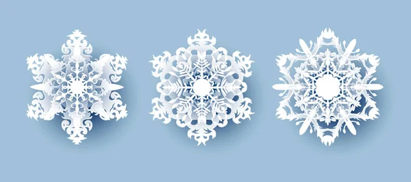 Ensemble Différents Flocons Neige Sur Bleu Illustration Vectorielle — Image vectorielle