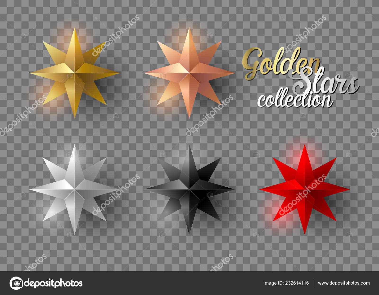 Set Gold Stars Shadow Transparent Background New Year Christmas