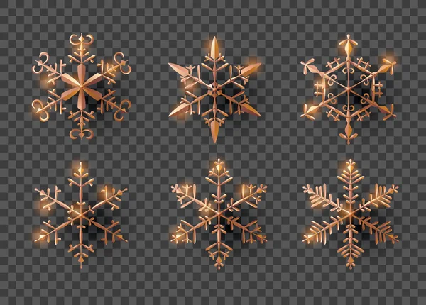 Set Copos Nieve Oro Rosa Con Sombra Sobre Fondo Transparente — Vector de stock