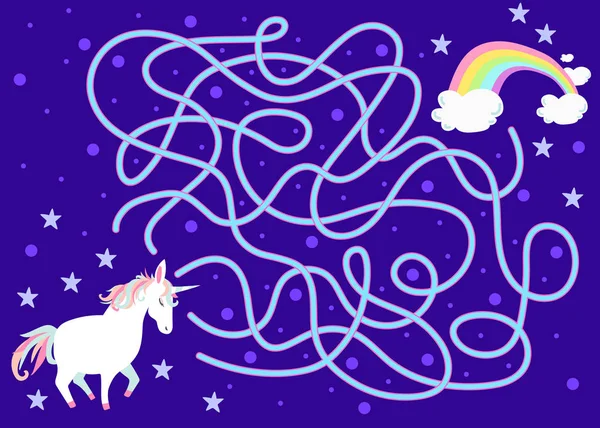 Labyrinth Mental Exercise Kids Unicorn Rainbow Vector Illustration — Stock Vector