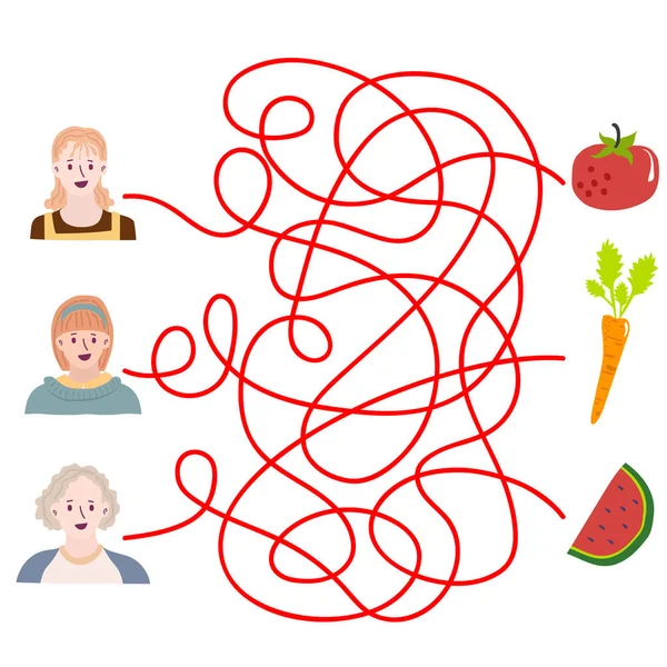Exercício Mental Labirinto Para Crianças Com Pessoas Alimentos Ilustração Vetorial — Vetor de Stock