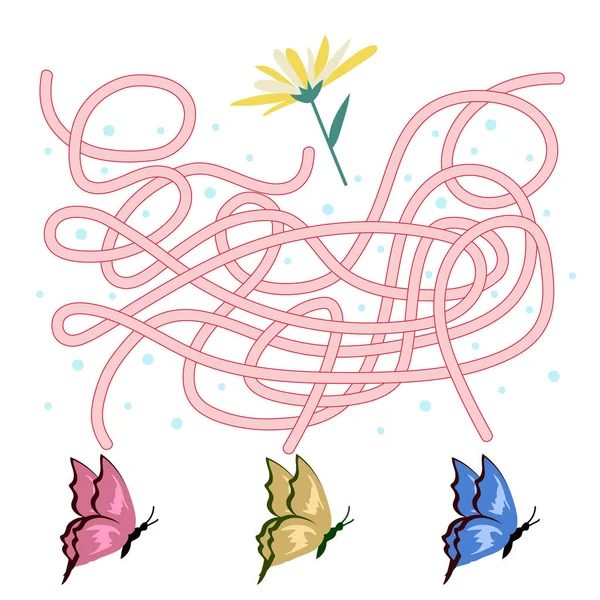 Labyrint Duševní Cvičení Pro Děti Motýly Květiny Vektorové Ilustrace — Stockový vektor