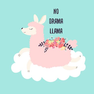 çiçeklerle beyaz bulut üzerinde lama hayvan vektör sanat, hiçbir drama lama