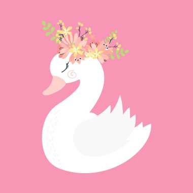 vektör sanat, çiçekli beyaz karikatür kuğu