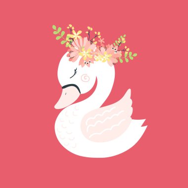 vektör sanat, çiçekli beyaz karikatür kuğu