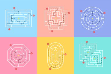 Abc yolları, farklı geometrik şekiller ile labirentler oyun vektör yaratıcı illüstrasyon seti 