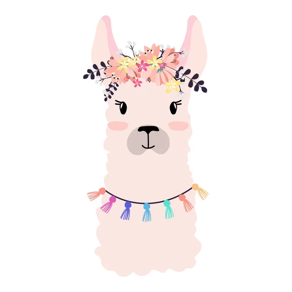 Arte Vectorial Llama Animal Mirando Cámara Llevando Flores Cabeza — Archivo Imágenes Vectoriales