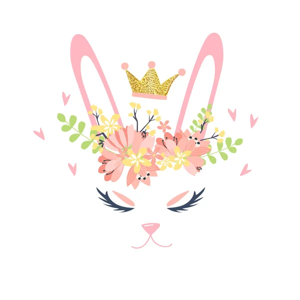 Art Vectoriel Lapin Mignon Dans Les Fleurs Portant Couronne — Image vectorielle